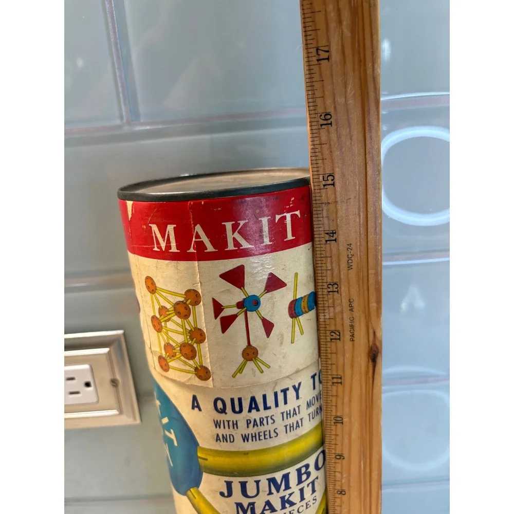 Vintage Makit Toy Jumbo Makit Wooden Building Set‎ w/ Canister